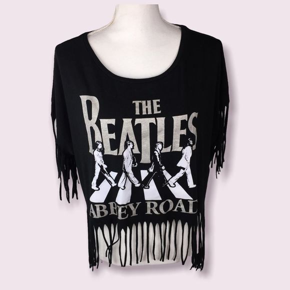 Beatles Abbey Road Cropped Fringed T-Shirt Sz XXL Oversized Black - Picture 1 of 7